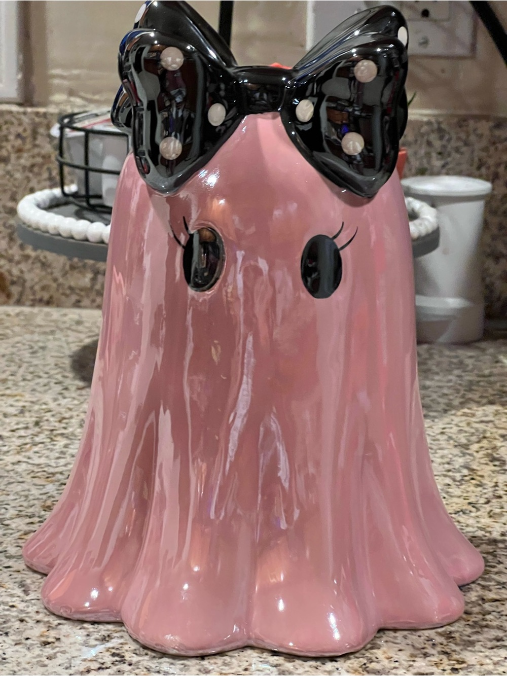 Pink Ceramic Ghost Accent with Black Bow - Home Accent